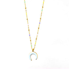 Gold Crescent Moon Pendant with Multicolor Bead Chain