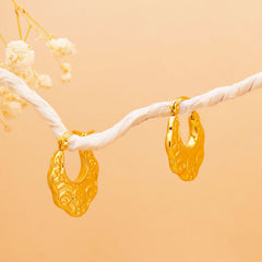 Ornate Floral Crest Gold Hoop Earrings