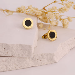 Classic Black Enamel Stud Earrings with Gold Rim