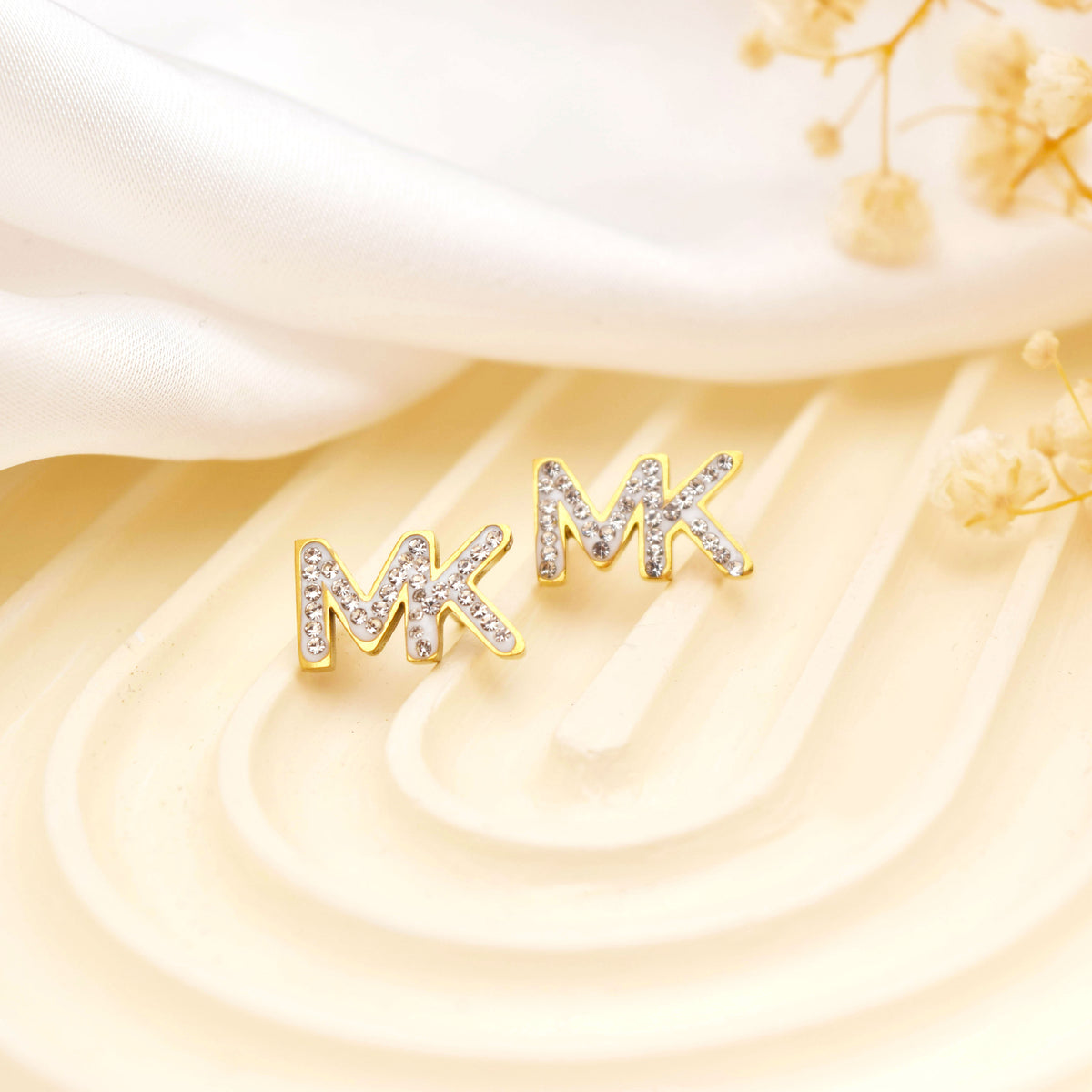 MK Crystal Logo Stud Earrings – Gold Plated