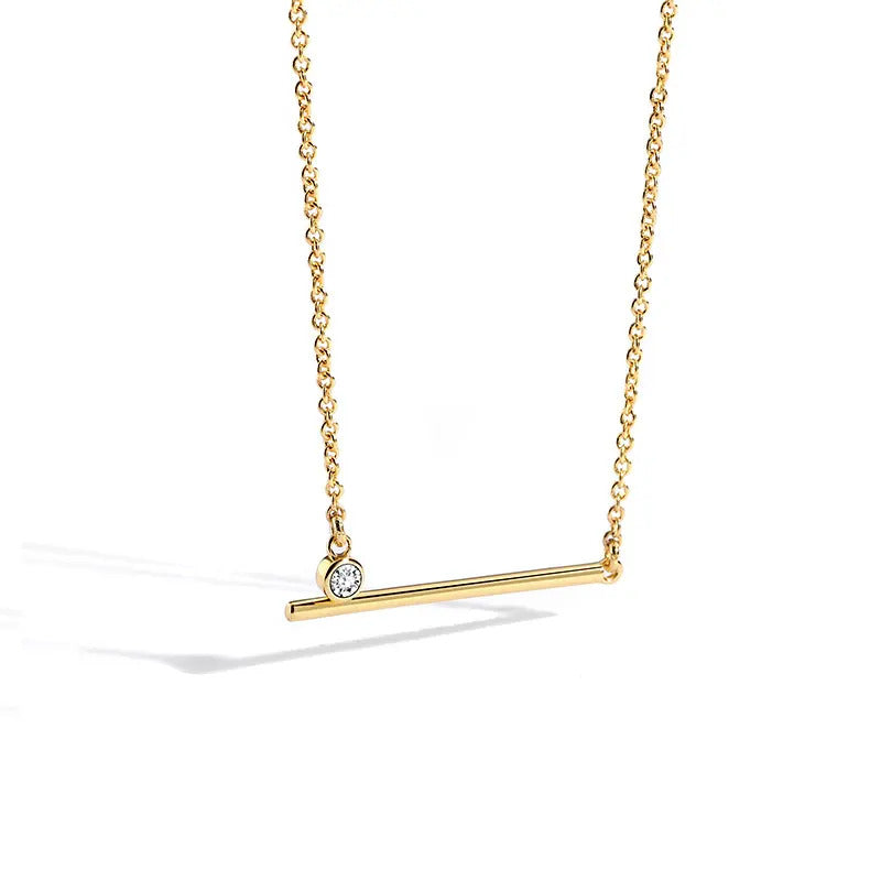 Minimalist Gold Bar Necklace with Solitaire Charm